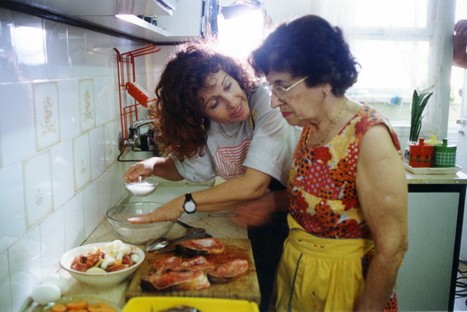 Still from Choice and Destiny: Tsipi and her mother Fruma cooking in the kitchen